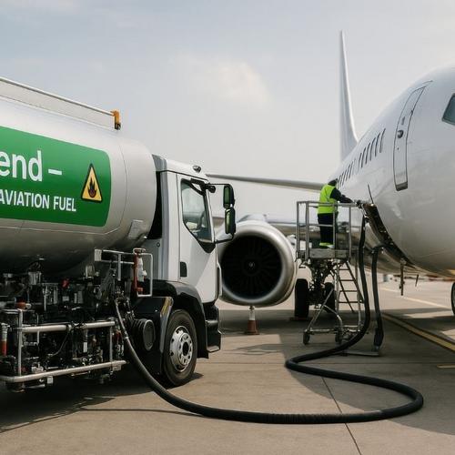 Tankwagen mit der Aufschrift „SAF blend" betankt ein Verkehrsflugzeug auf dem Flughafenvorfeld, ein Mitarbeiter in Warnkleidung steht am Fahrwerk.